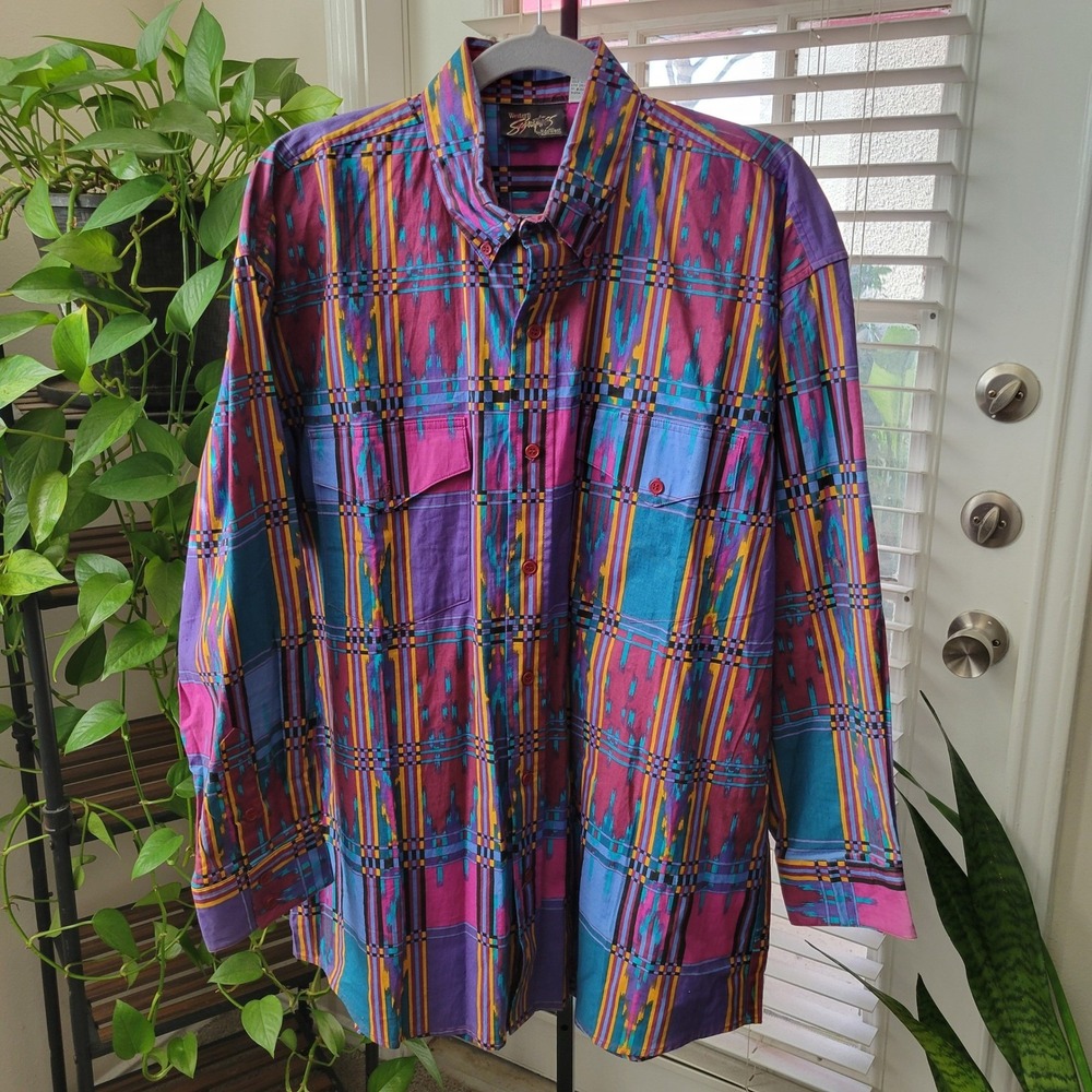 VTG Western Signatures Eds West Mens Large Ikat Plaid Button Down Shirt Neon